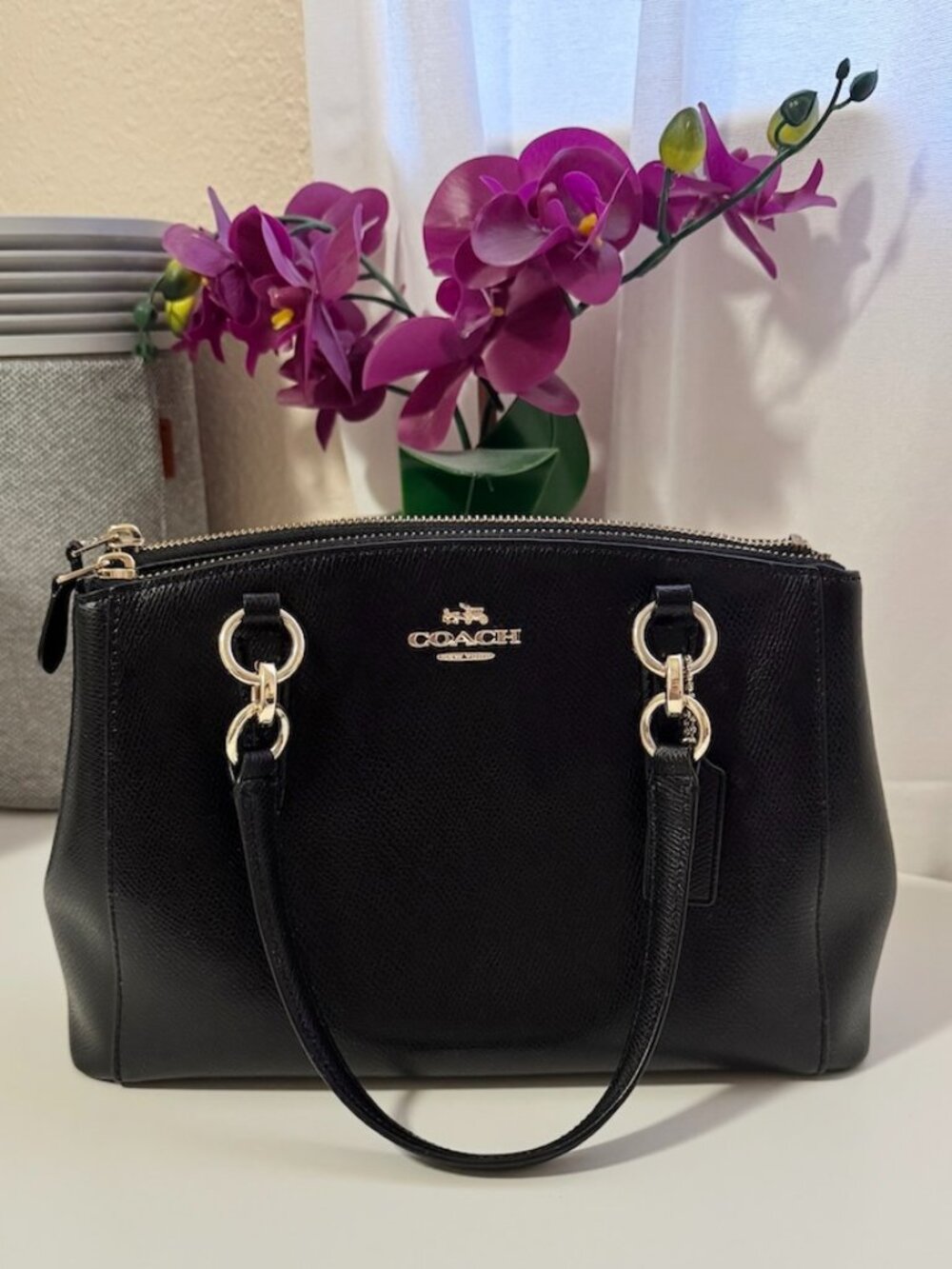 Coach Christie Carryall Black Crossgrain Leather Double Zip Satchel Bag